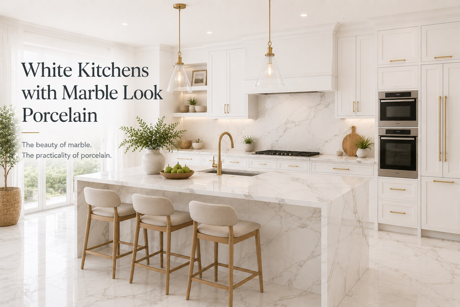 24 White Kitchens with Marble Look Porcelain