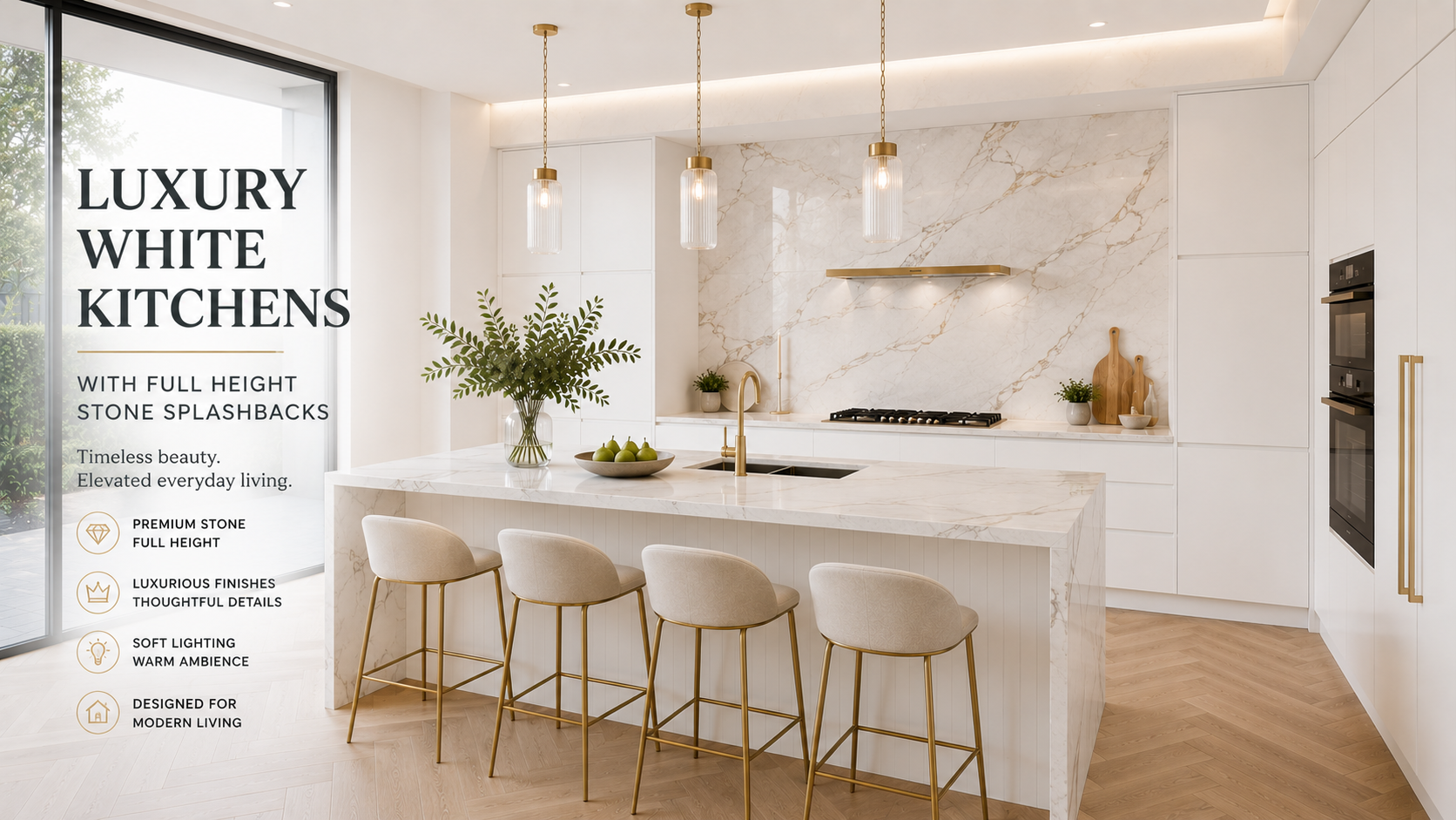 7 Luxury White Kitchens with Full Height Stone Splashbacks