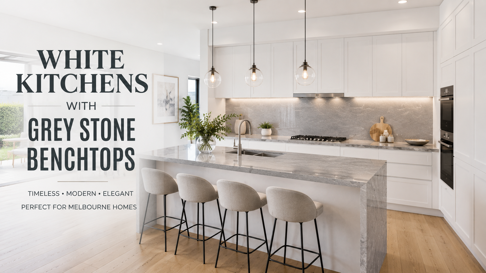 White Kitchens with Grey Stone Benchtops