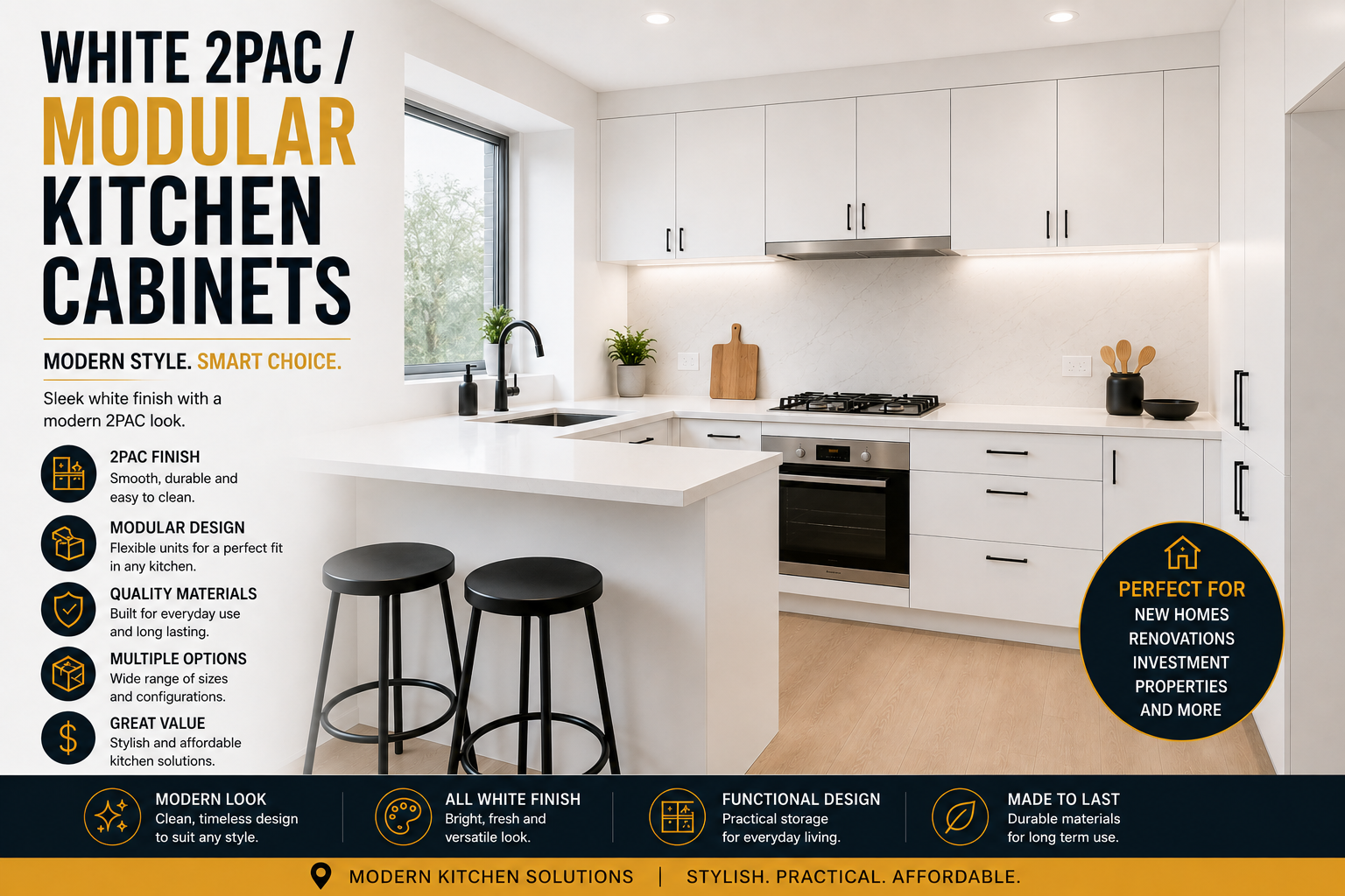 white 2PAC modular kitchen cabinets